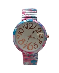 Olivia Pratt Turquoise Floral Big Dial Easy Reader Watch Floral Elastic Stretch Band Wristwatch Women Watch