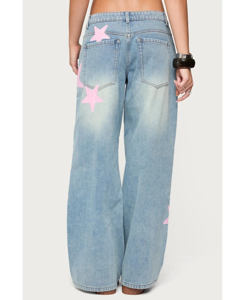 Edikted Women's Trish Satin Effect Stars Low Rise Jeans