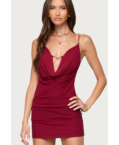 Edikted Womens Beaded Cowl Neck Backless Mini Dress