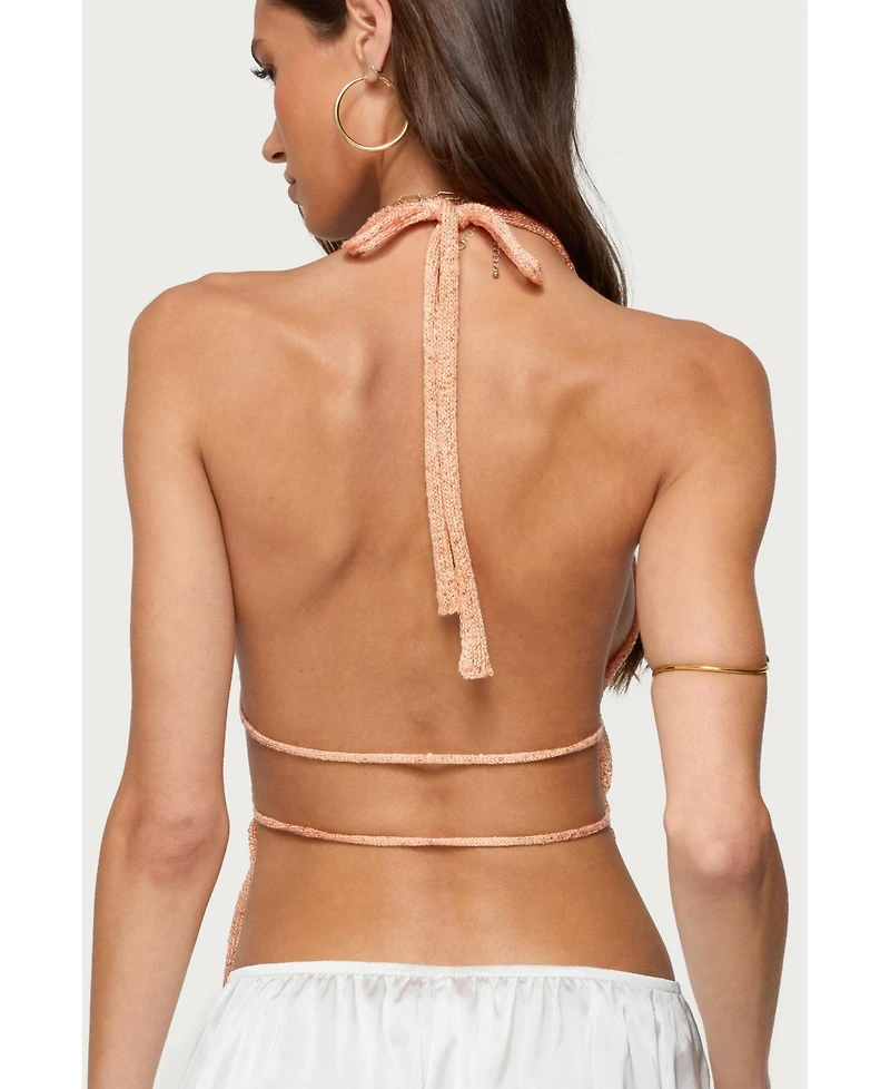 Edikted Womens Sequin Knit Split Front Backless Top