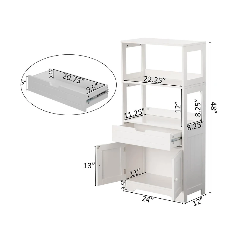 Basicwise Tall Freestanding Wooden Storage Vanity, Kitchen Pantry, and Bathroom Cabinet Organizer, with 2 Open shelves, A drawer and 2 Door Cabinet, W