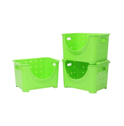 Basicwise Stackable Plastic Storage Container, Set of 3 Pink