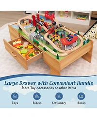 Kids Wooden Train Set & Double-Sided Table Playset w/100 Pieces & Storage Drawer