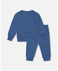 Deux par Baby Boy Cotton Pant and Top Set Blue Leaf Print