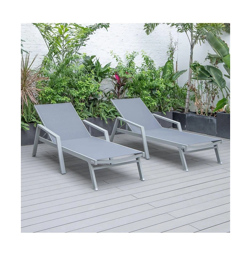 LeisureMod Marlin Patio Chaise Lounge Chair With Armrests in Grey Aluminum Frame