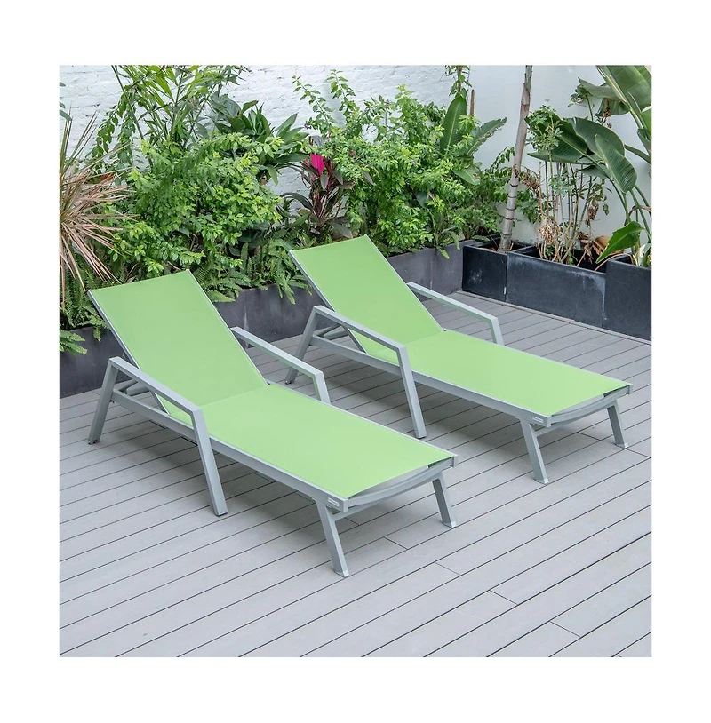 LeisureMod Marlin Patio Chaise Lounge Chair With Armrests in Grey Aluminum Frame