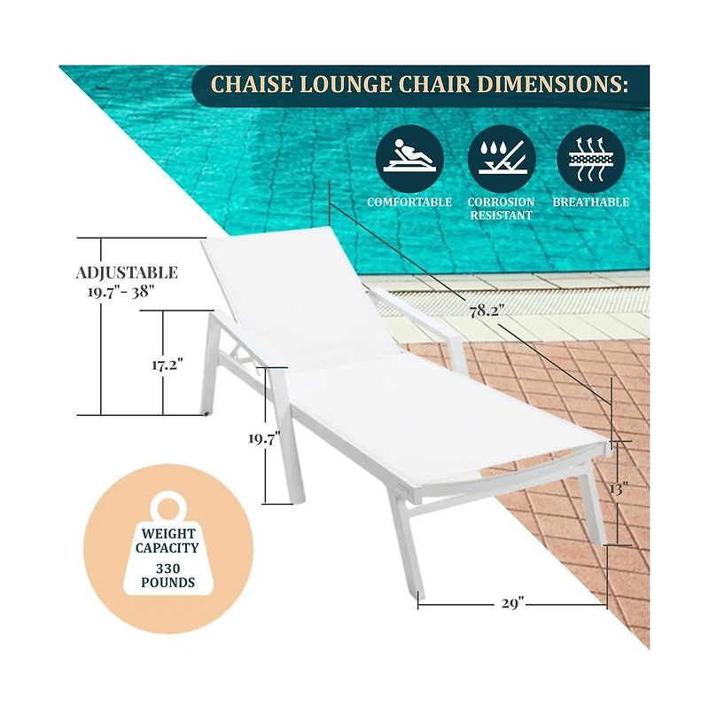 LeisureMod White Aluminum Outdoor Patio Chaise Lounge Chair With Arms