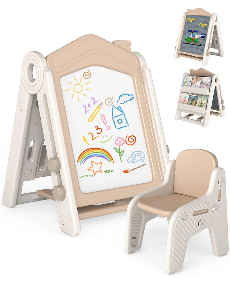 Sugift 3-in-1 Foldable Kids Easel Double-Sided Tabletop Easel with Chair