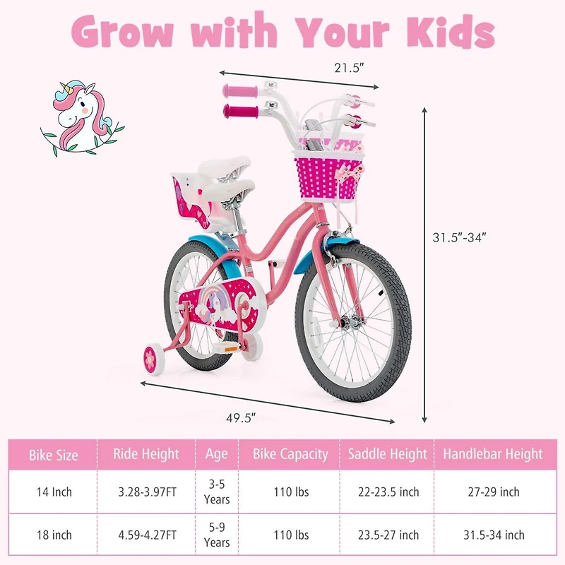 Kids Bicycle with Training Wheels and Basket for Boys and Girls Ages 3-9 - 18 Inches