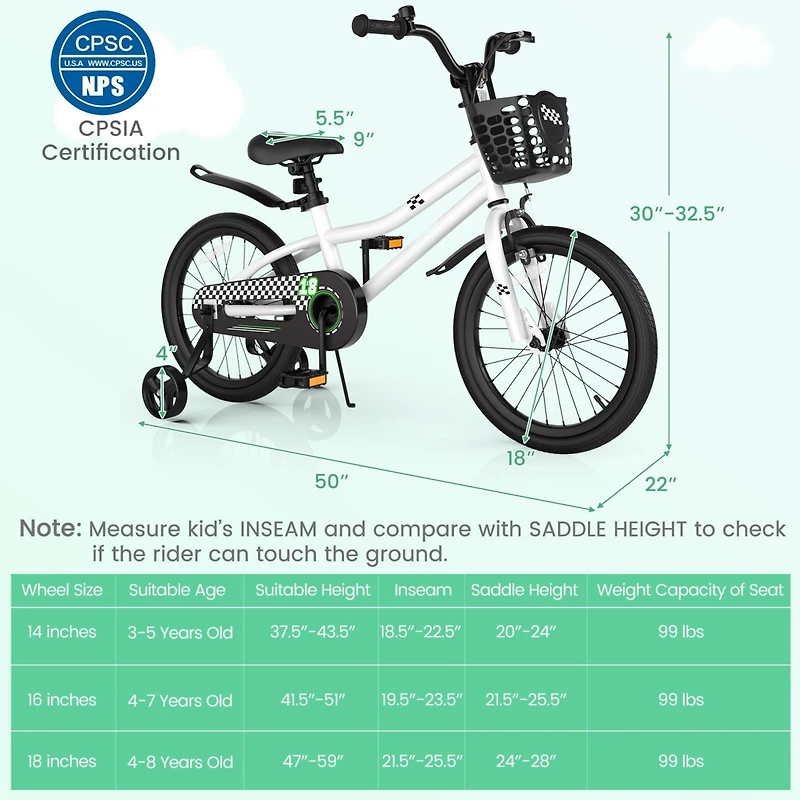 18 Feet Kids Bike with Removable Training Wheels - Black & White