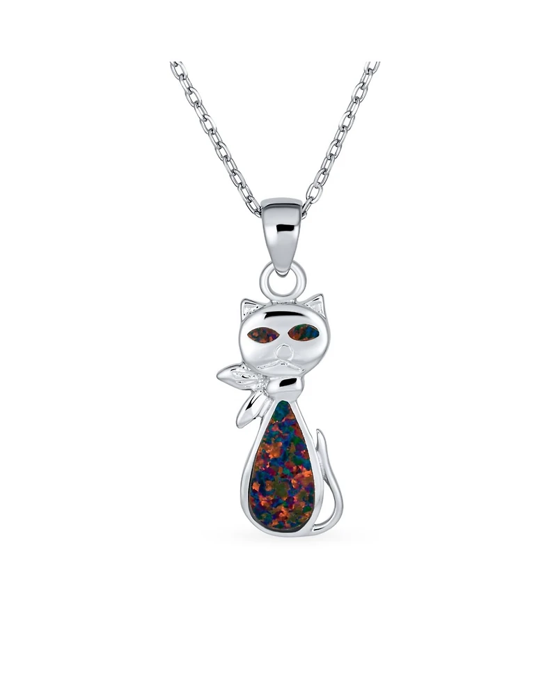 Bling Jewelry Cute Sweet Animal Pet Sitting Kitten Kitty Kat Curious Black Created Opal Cat Dangle Necklace Pendant .925 Sterling Silver