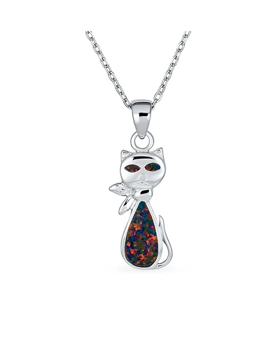 Bling Jewelry Cute Sweet Animal Pet Sitting Kitten Kitty Kat Curious Black Created Opal Cat Dangle Necklace Pendant .925 Sterling Silver