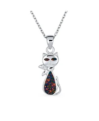 Bling Jewelry Cute Sweet Animal Pet Sitting Kitten Kitty Kat Curious Black Created Opal Cat Dangle Necklace Pendant .925 Sterling Silver
