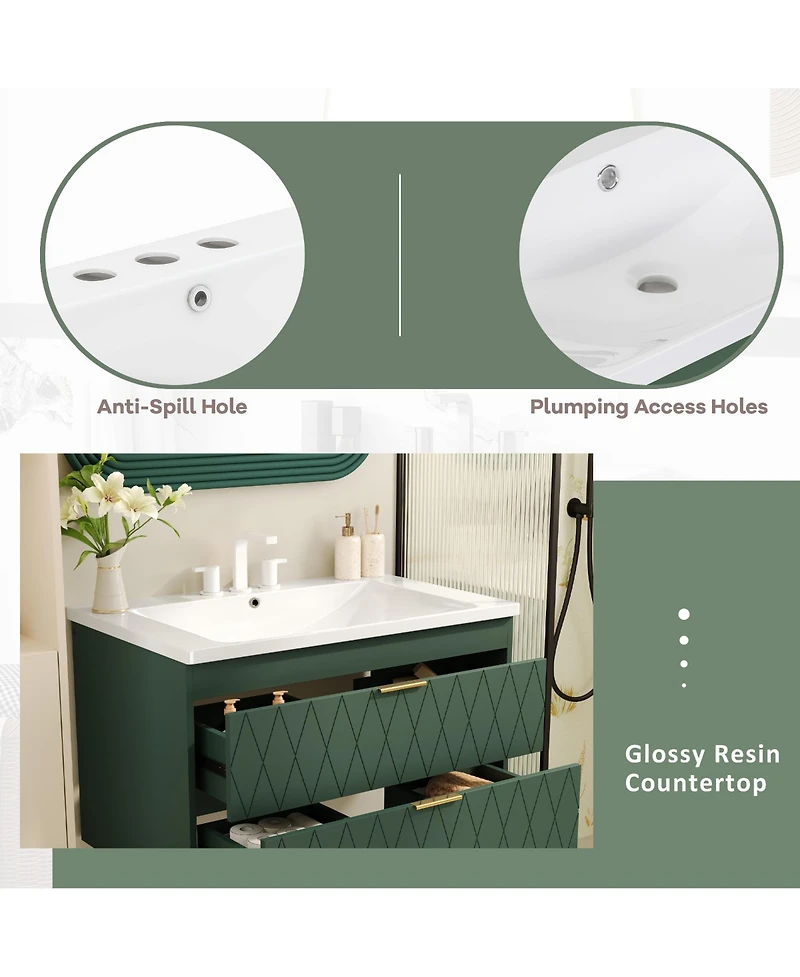 Casainc 30" Floating Bathroom Vanity With Resin Sink and 2 Drawers, Solid Wood Construction