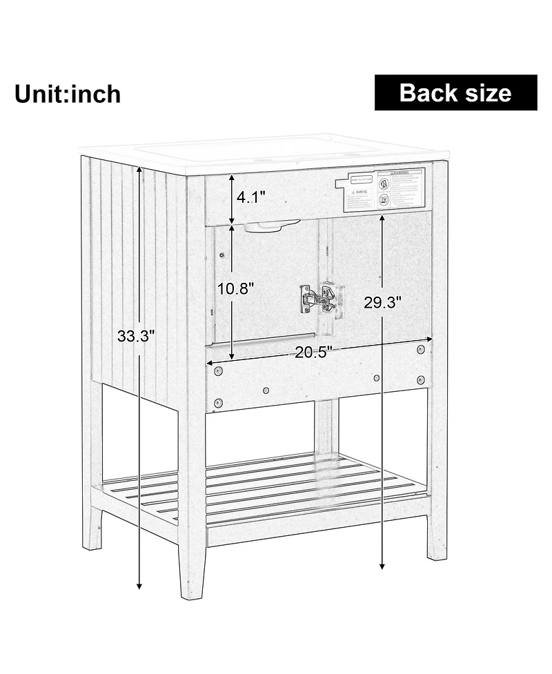 Casainc 24" Modern Bathroom Vanity With Ceramic Sink, Sleek Design and Open Style Shelf