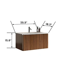 Casainc Etna 30" Floating Vanity With Ceramic Sink and Walnut Striped Finish, Kd Assembly