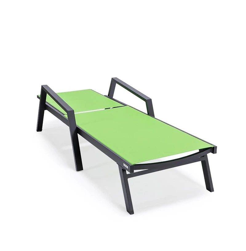 LeisureMod Marlin Patio Chaise Lounge Chair With Armrests in Black Aluminum Frame
