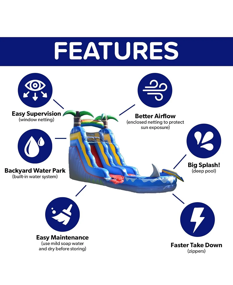 HeroKiddo 15 Ocean Shark Commercial Grade Inflatable Water Slide with Attached Splash Pool (No Blower Included)
