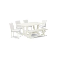 East West Furniture 6-Piece Beautiful Dinette Set a Great Linen White Modern Dining Table Top - Linen White Dining Bench