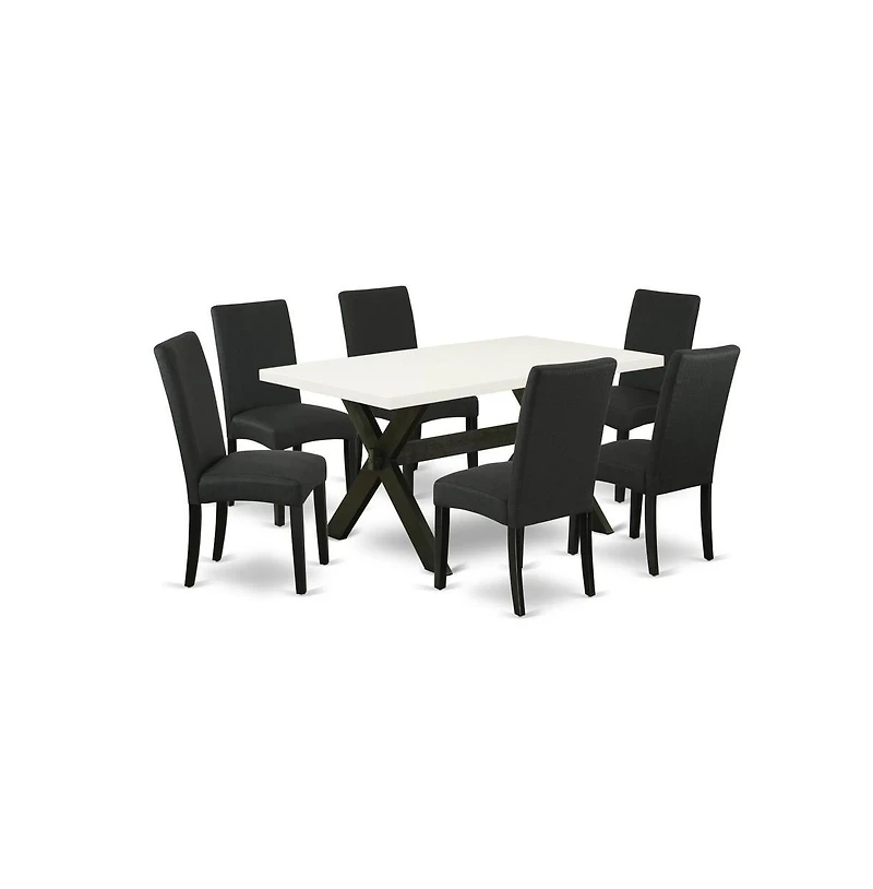 East West Furniture 7-Piece Dining Room Table Set- 6 Dining Chair with Black Linen Fabric Seat and Stylish Chair Back