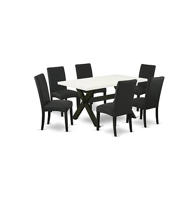 East West Furniture 7-Piece Dining Room Table Set- 6 Dining Chair with Black Linen Fabric Seat and Stylish Chair Back
