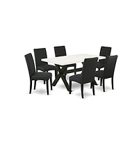 East West Furniture 7-Piece Dining Room Table Set- 6 Dining Chair with Black Linen Fabric Seat and Stylish Chair Back