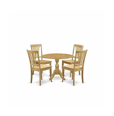 East West Furniture 5 Piece Dining Room Table Set - Dropleaf Dining Room Table and 4 Oak Wooden Dining Chairs with Slatted Back - Oak Finish