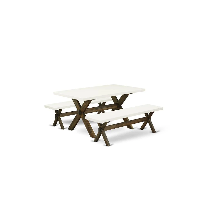 East West Furniture 3 Piece Dining Room Table Set - 1 Linen White Small Kitchen Table and 2 Small Wooden Benches - Distressed Jacobean Finish