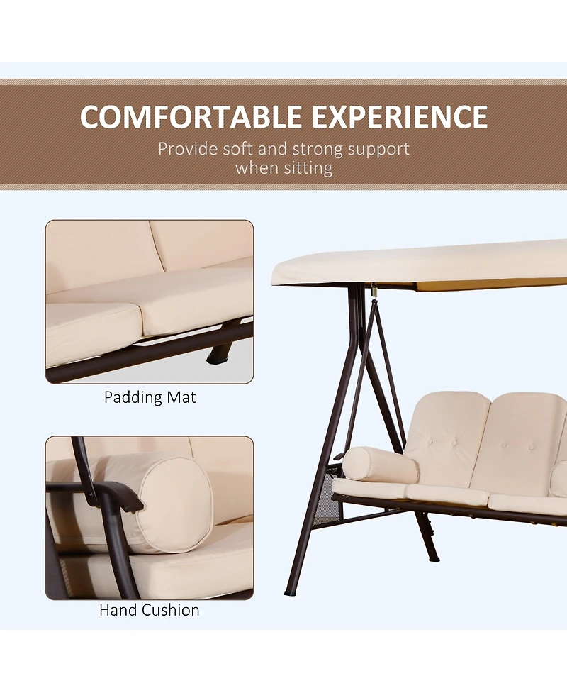 Outsunny 3-Seat Patio Swing w/ Tilt Canopy, Cushions & Cup Tray,