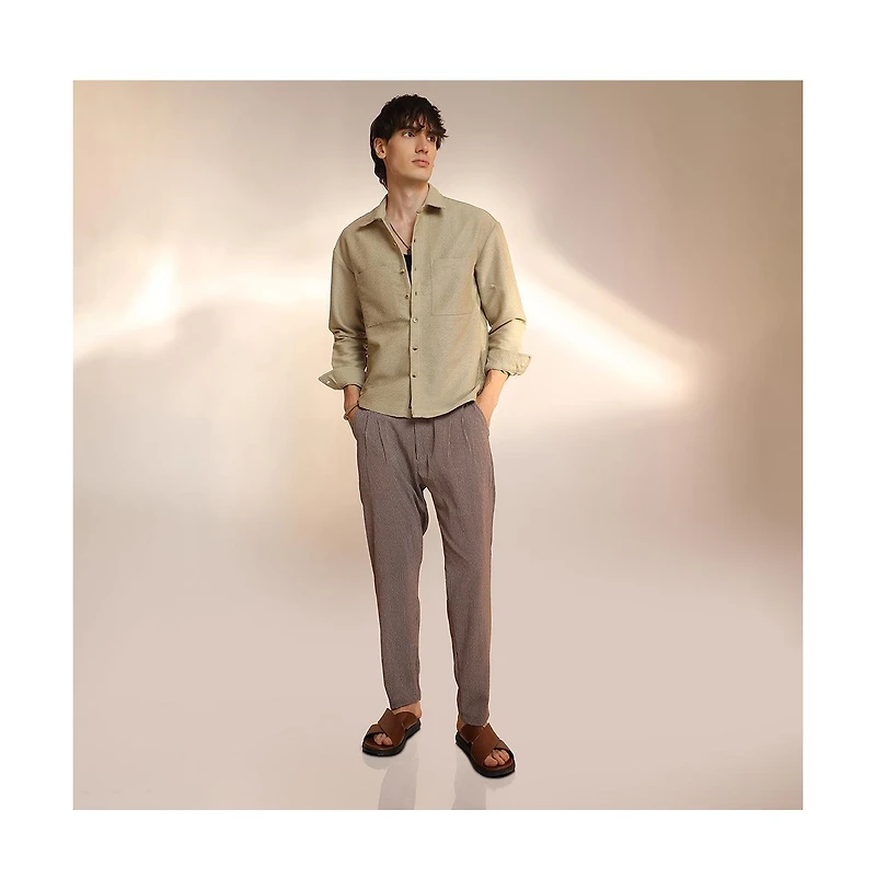 Campus Sutra Men's Buff Beige Chevron-Woven Utility Shirt