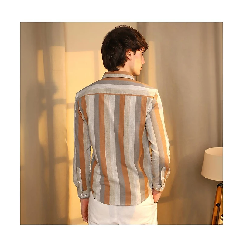Campus Sutra Men's Copper Brown & Peanut Block-Striped Shirt