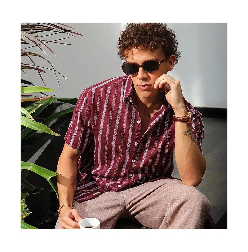 Campus Sutra Men's Maroon Red Pencil Striped Shirt