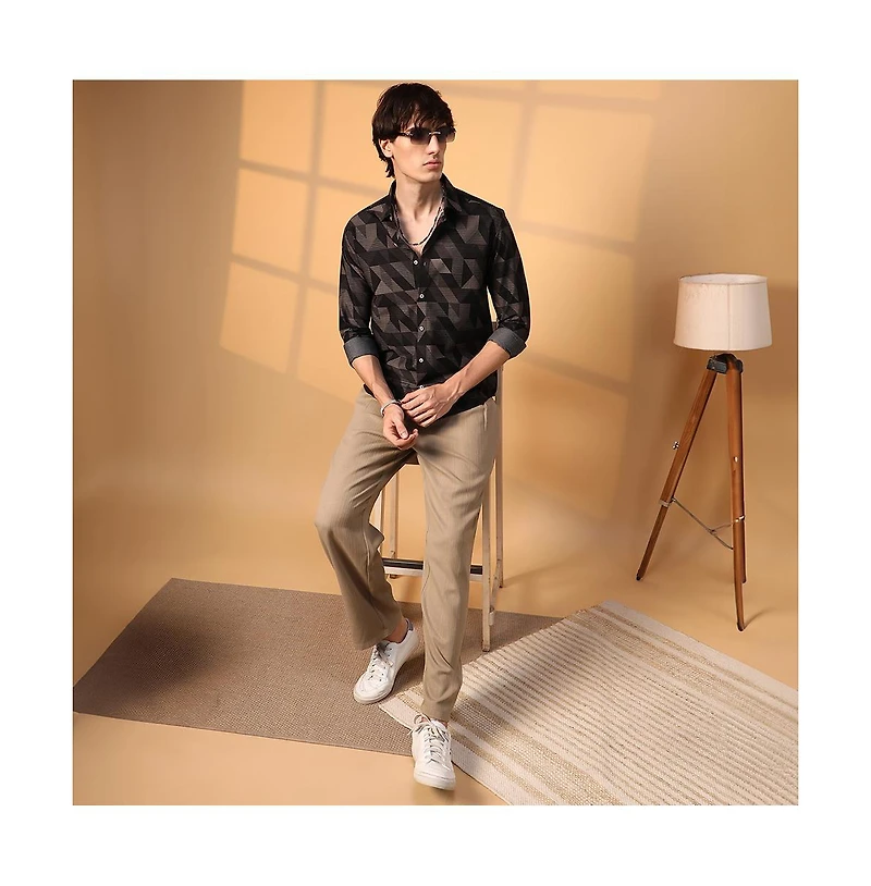 Campus Sutra Men's Midnight Black Geometric Seersucker Shirt