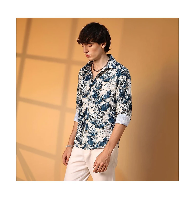 Campus Sutra Men's Ivory White & Indigo Blue Foliage-Waffle Shirt