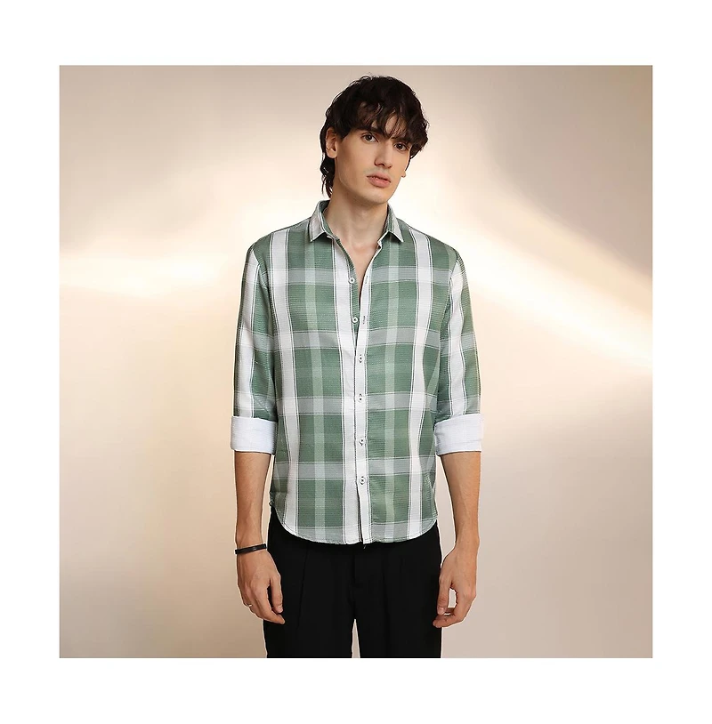 Campus Sutra Men's Sage Green Tartan Plaid Shirt