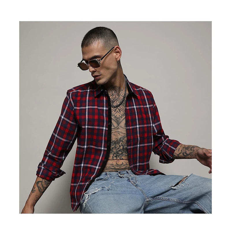 Campus Sutra Men's Navy Blue & Red Tartan Plaid Shirt