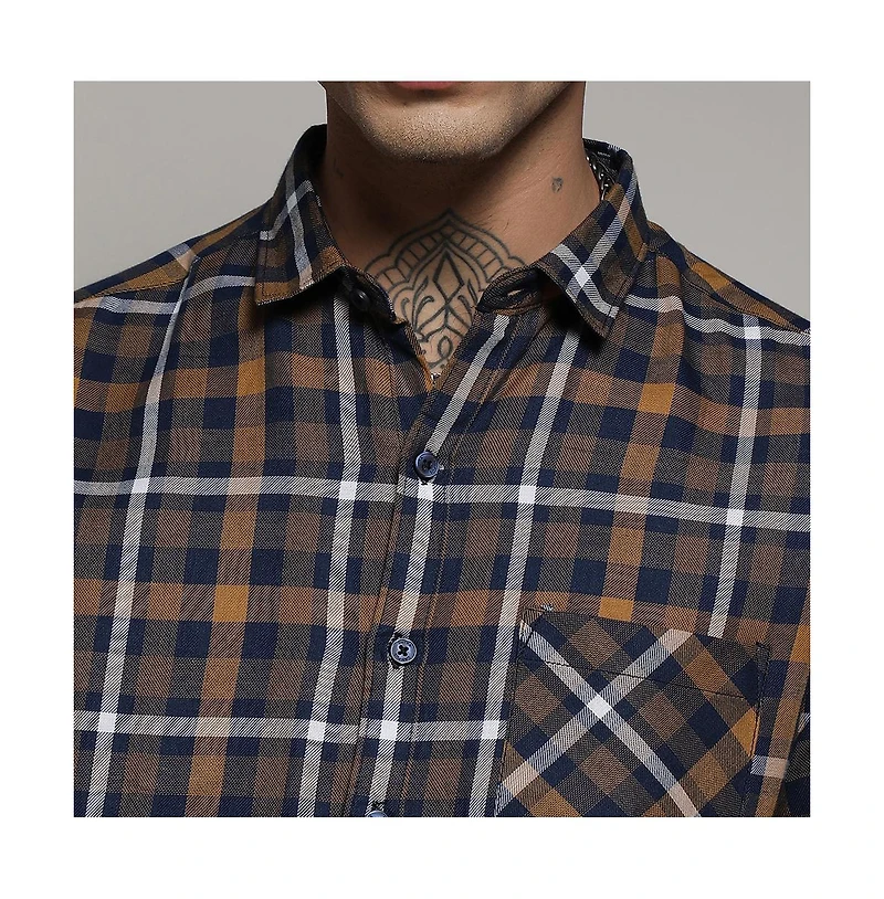 Campus Sutra Men's Cobalt Blue & Mustard Yellow Tartan Plaid Shirt