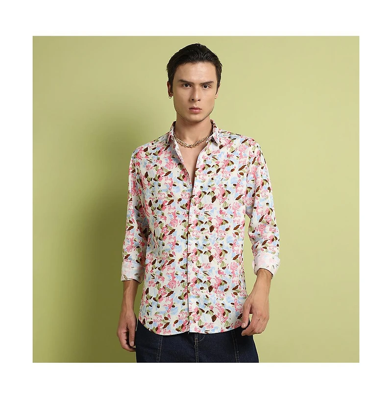 Campus Sutra Men's Blue & Pink Leaf Strokes Shirt