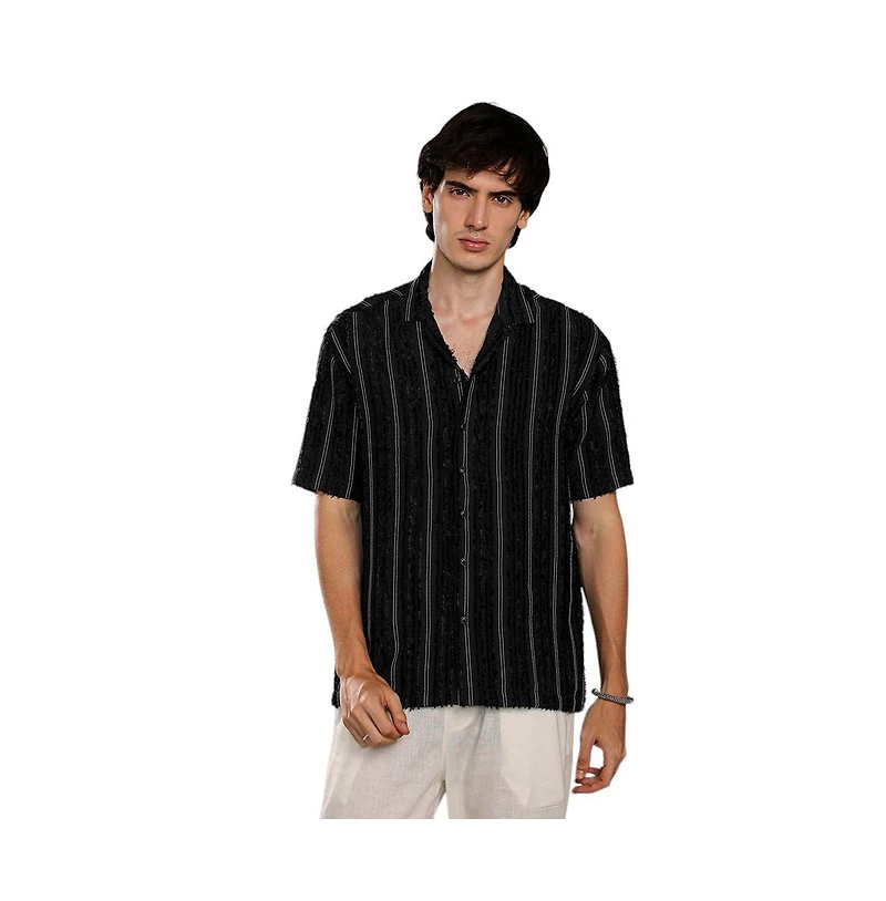 Campus Sutra Men's Raven Black Unhemmed Striped Oversized Shirt