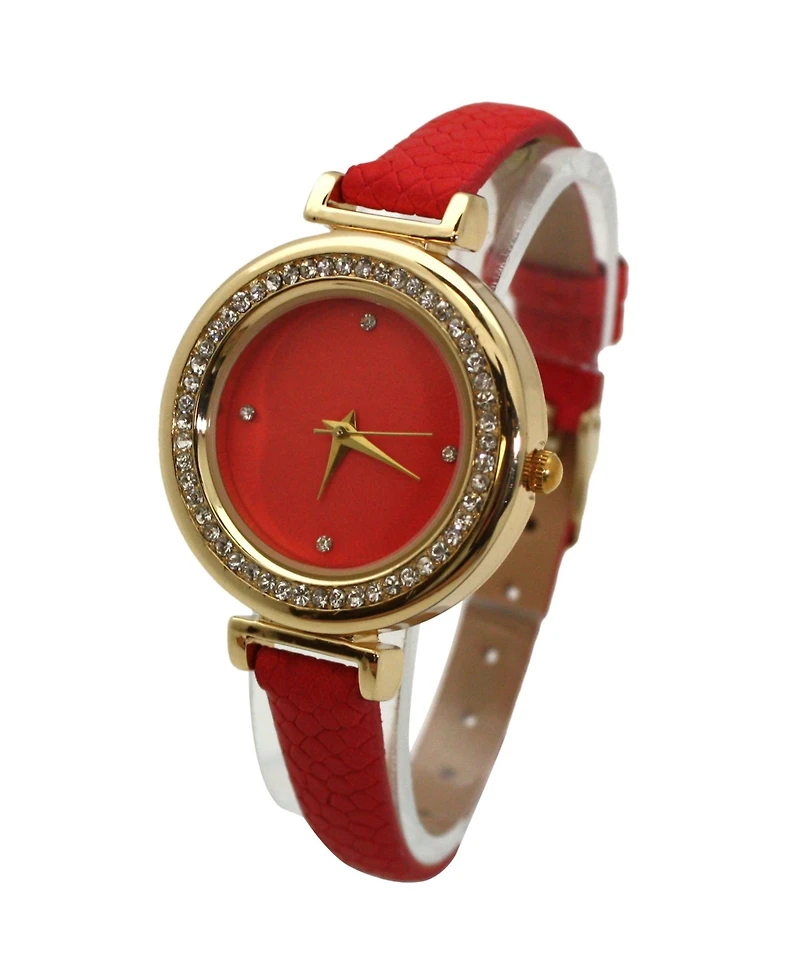 Olivia Pratt Red Faux Leather Solid Colors and Rhinestones Women Watch