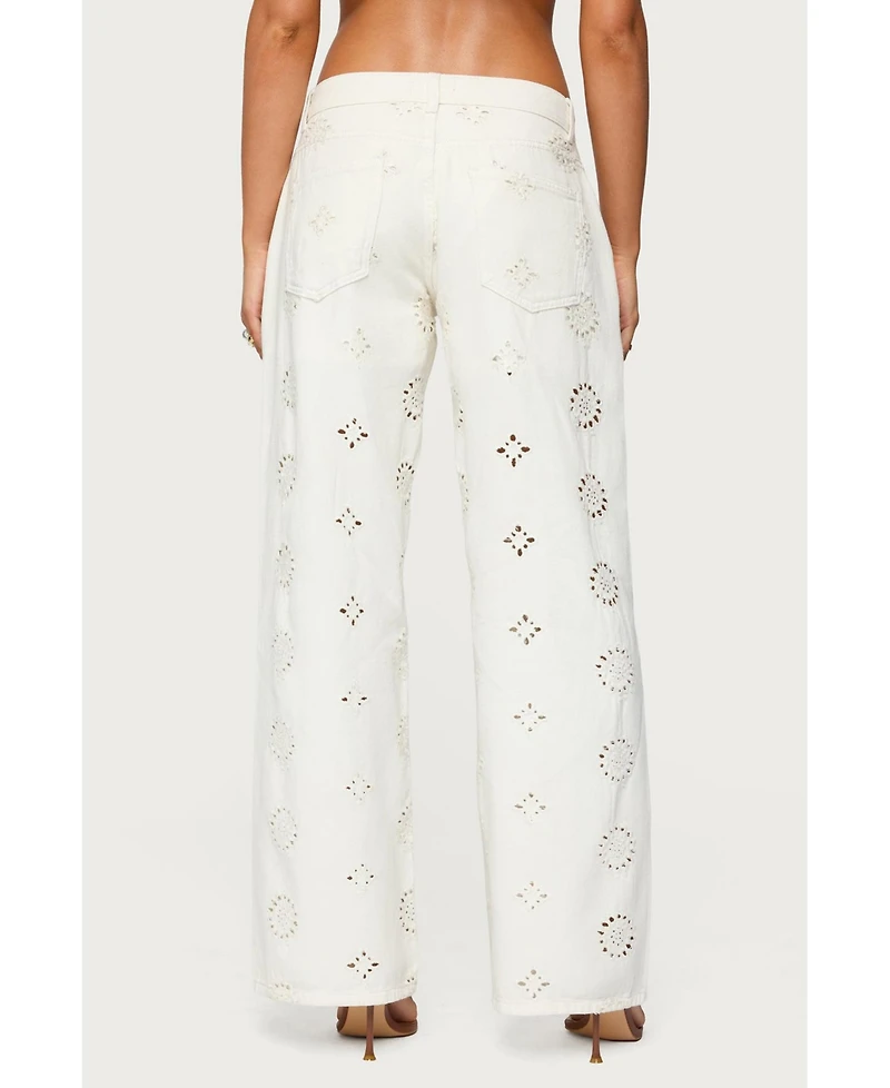 Edikted Womens Eyelet Low Rise Wide Leg Jeans