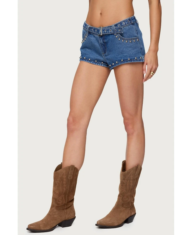 Edikted Womens Grommet & Stud Denim Micro Shorts
