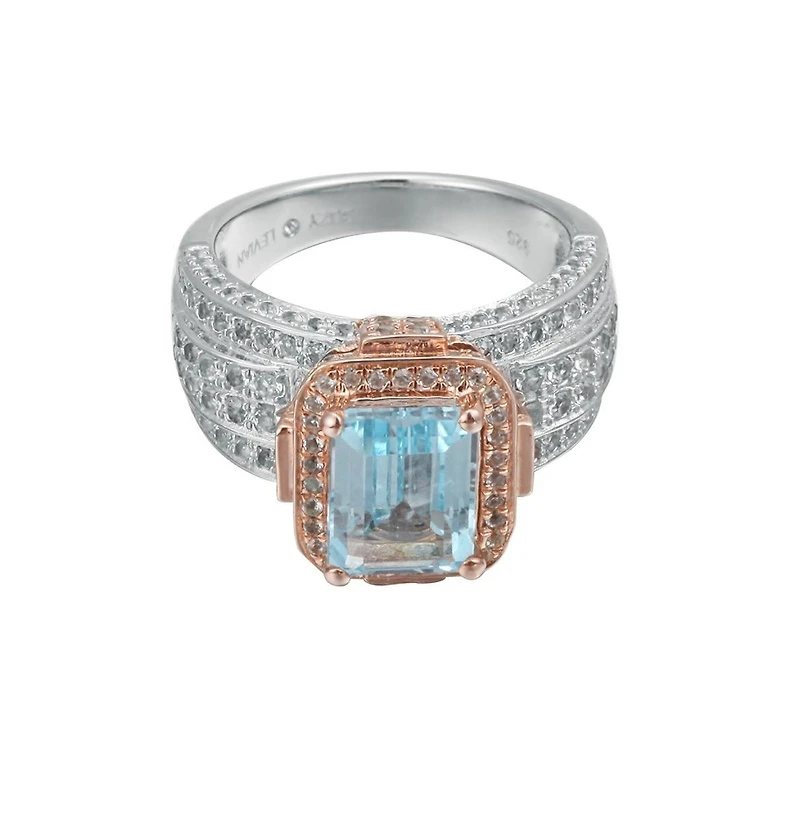 Suzy Levian New York Two-Tone Sterling Silver Emerald Cut Center Topaz Cocktail Milano Ring