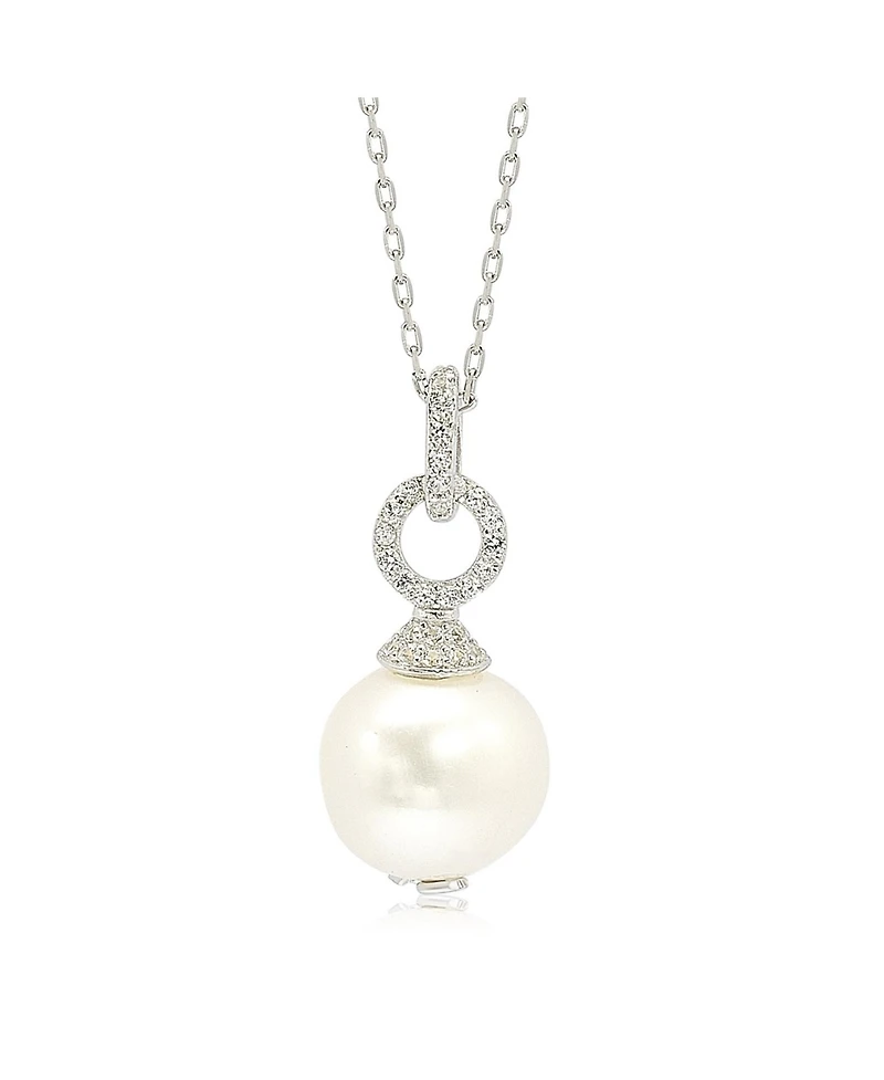 Suzy Levian Sterling Silver Pearl & White Sapphire Dangle Pendant