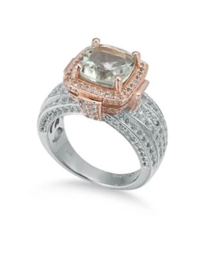 Suzy Levian Two-Tone Sterling Silver Cushion Cut Center Topaz Cocktail Milano Ring