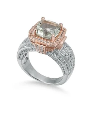 Suzy Levian Two-Tone Sterling Silver Cushion Cut Center Topaz Cocktail Milano Ring