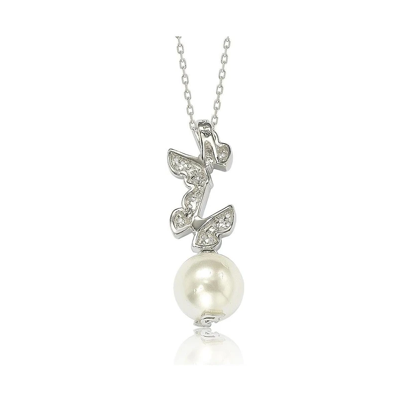 Suzy Levian Sterling Silver Pearl and White Sapphire Butterfly Pendant