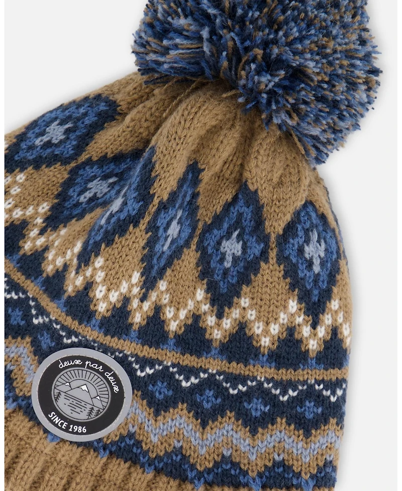 Deux par Baby Boy Lined Peruvian Knit Pompom Hat Taupe and Navy 