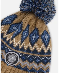 Deux par Baby Boy Lined Peruvian Knit Pompom Hat Taupe and Navy 