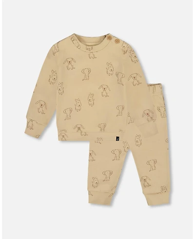 Deux par Baby Boy Cotton Pant and Top Set Beige Printed Dogs